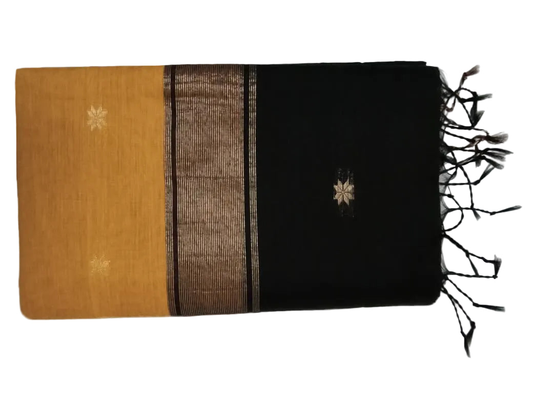 Mustard yellow body Black pallu and blouse Maheshwari  Cotton Sarees