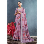 Generic Women's Linen Floral Printed Saree With Unstitched Blouse 5.5Mtr (Purple)