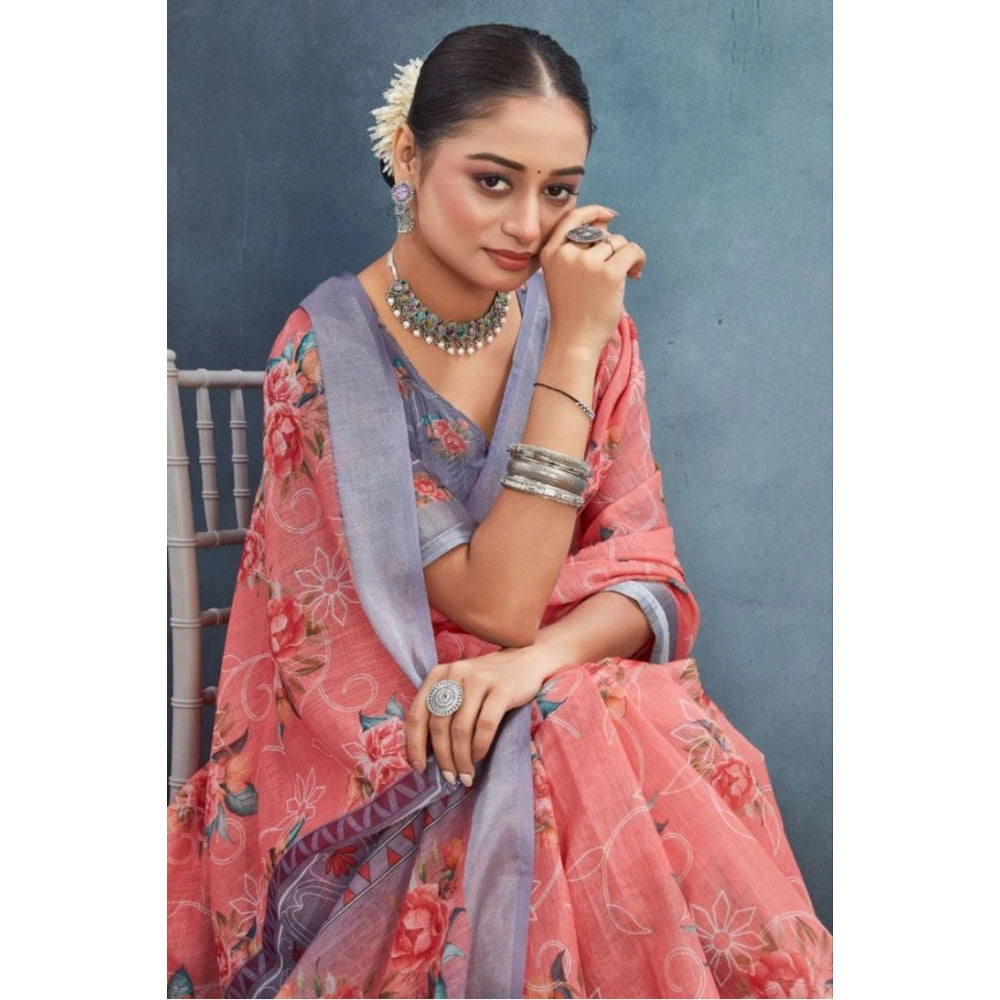 Generic Women's Linen Floral Printed Saree With Unstitched Blouse 5.5Mtr (Peach)