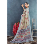 Generic Women's Linen Floral Printed Saree With Unstitched Blouse 5.5Mtr (Beige)
