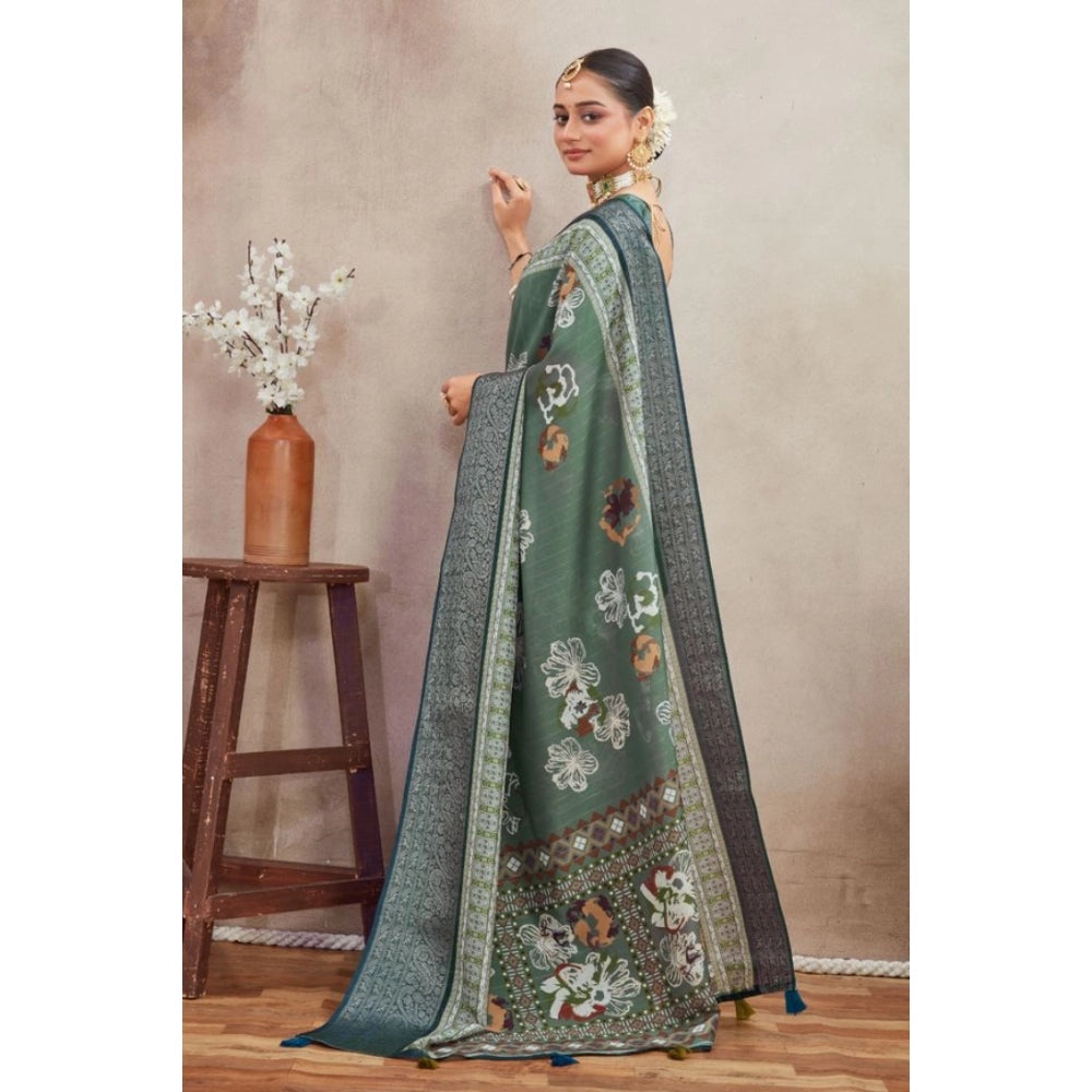 Generic Women's Crepe Silk Printed Saree With Unstitched Blouse 5.5Mtr (Green)