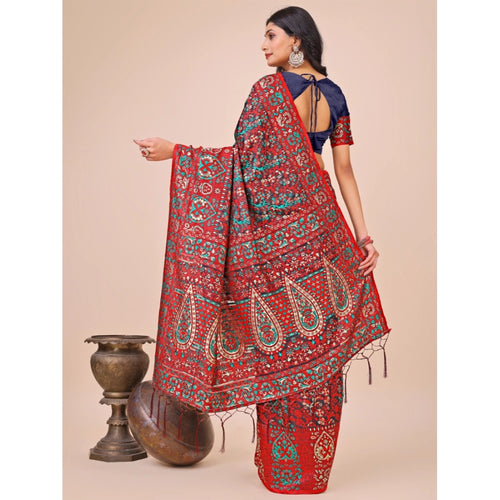Generic Women's Cotton Printed Saree With Unstitched Blouse 5.5Mtr (Pink)