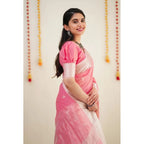 Generic Women's Cotton  Printed Saree With Unstitched Blouse 5.5Mtr (Pink)