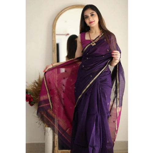 Generic Women's Cotton  Printed Saree With Unstitched Blouse 5.5Mtr (Navy Blue)