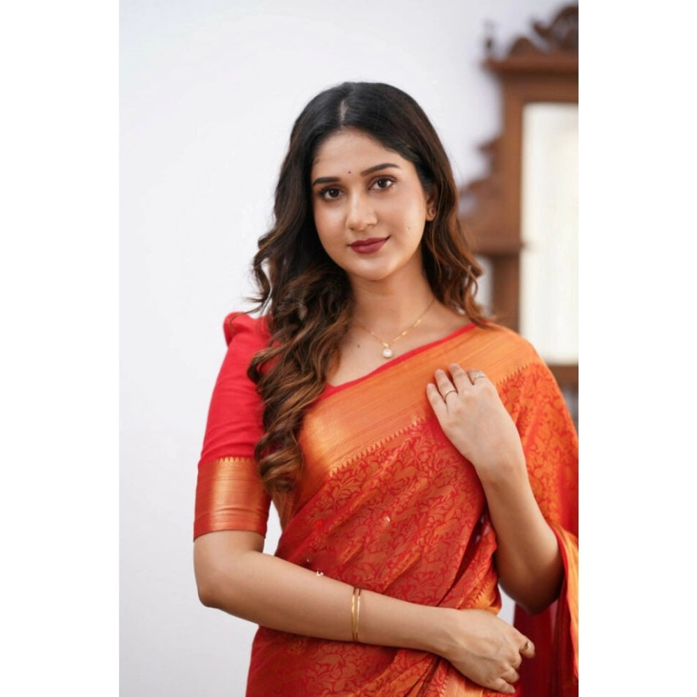 Generic Women's Silk Printed Saree With Unstitched Blouse 5.5Mtr (Orange)