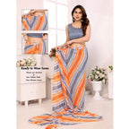 Generic Women's Small Lace Georgette Striped Ready-to-Wear Saree With Unstitched Blouse 5.5 Mtr (Grey)