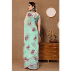Generic Women's Small Lace Georgette Printed Ready-to-Wear Saree With Unstitched Blouse 5.5 Mtr (Turquoise)