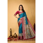Generic Women's Soft Dola Cotton Kalamkari Printed Saree With Unstitched Blouse 5.5Mtr (Sky Blue)