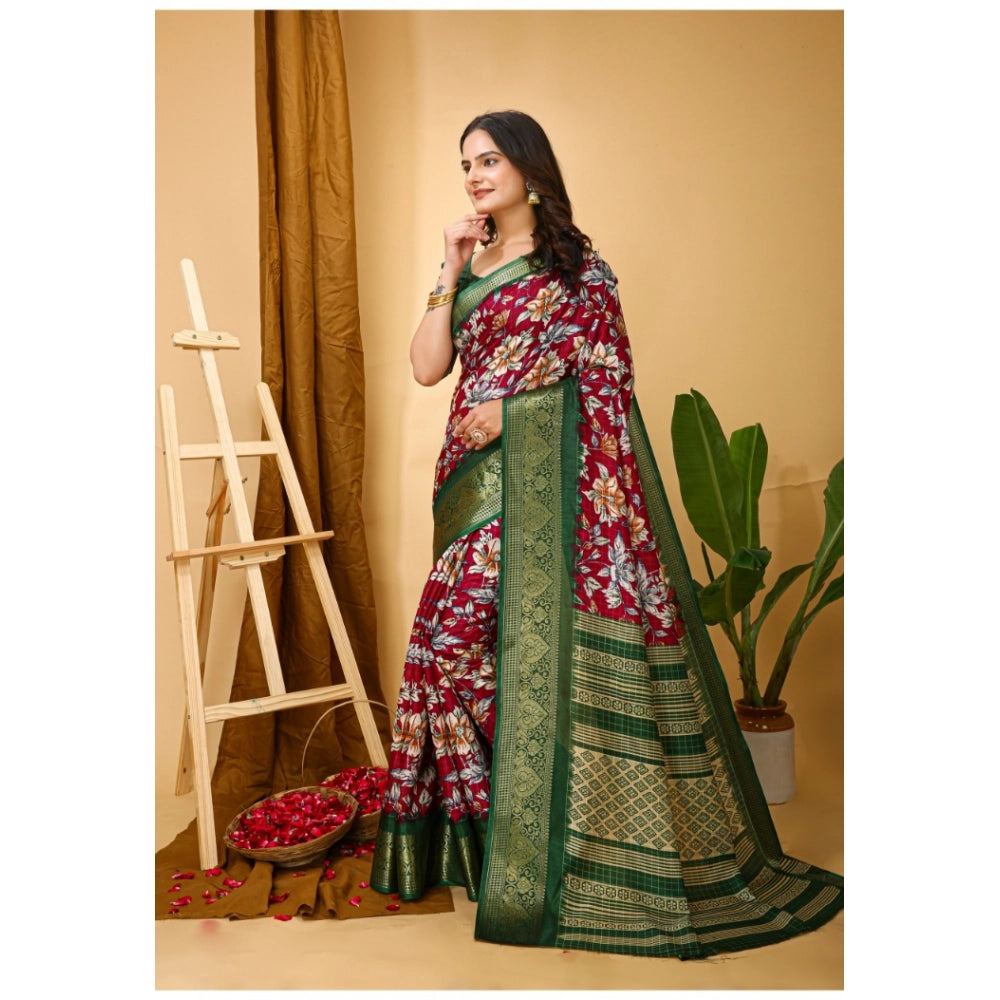 Generic Women's Soft Dola Cotton Kalamkari Printed Saree With Unstitched Blouse 5.5Mtr (Maroon)