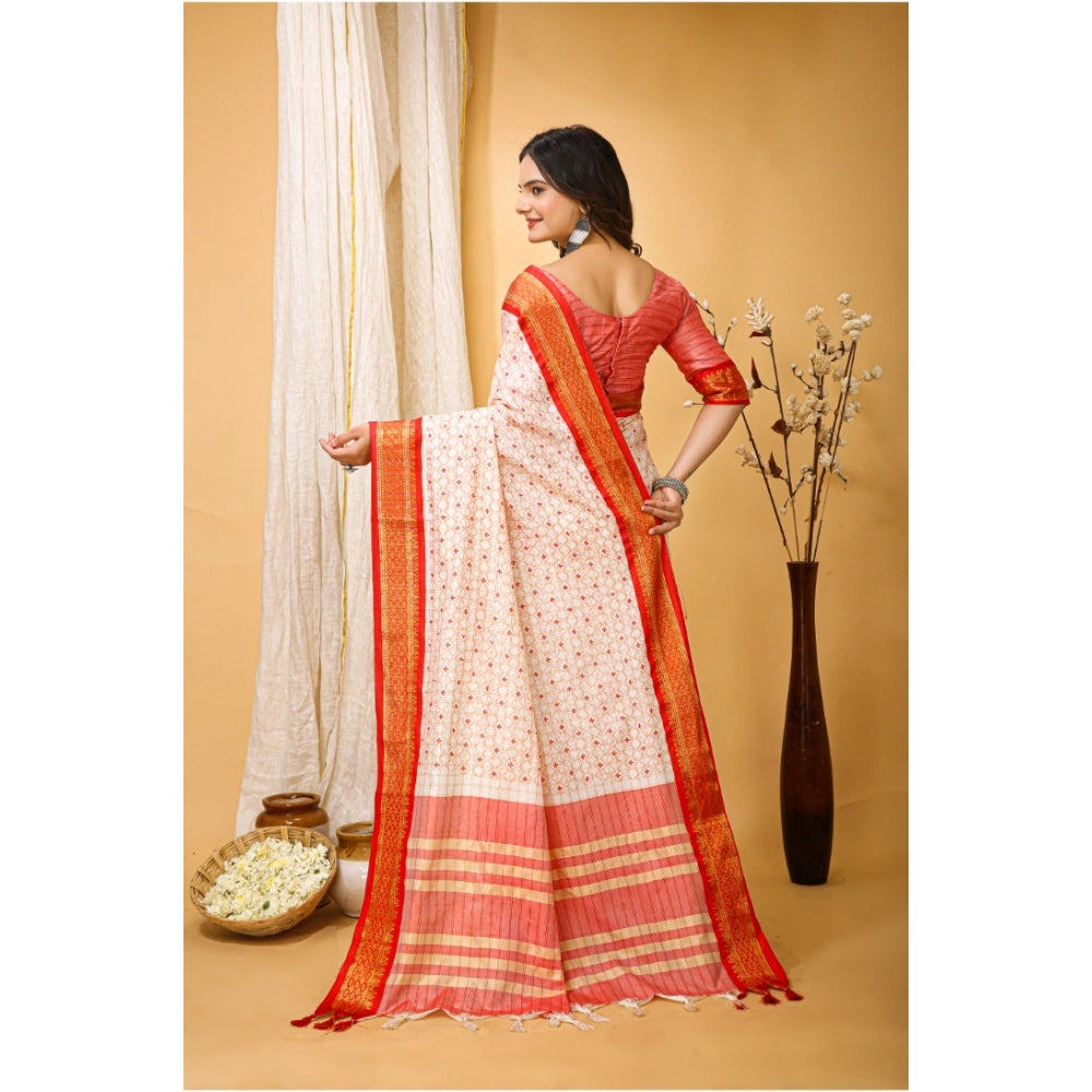 Generic Women's Soft Cotton Silk Printed Saree With Unstitched Blouse 5.5Mtr (Red)