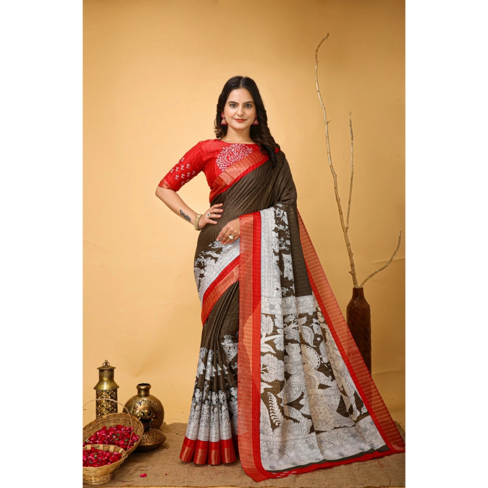 Generic Women's Soft Handloom Cotton Kalamkari Printed Saree With Unstitched Blouse 5.5Mtr (Brown)