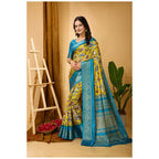 Generic Women's Soft Dola Cotton Kalamkari Printed Saree With Unstitched Blouse 5.5Mtr (Yellow)