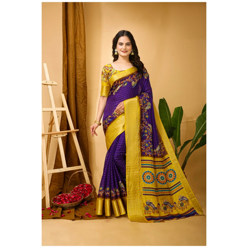 Generic Women's Soft Dola Cotton Kalamkari Printed Saree With Unstitched Blouse 5.5Mtr (Purple)