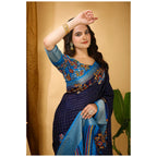 Generic Women's Soft Dola Cotton Kalamkari Printed Saree With Unstitched Blouse 5.5Mtr (Navy Blue)