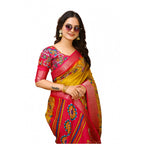 Generic Women's Soft Dola Cotton Kalamkari Printed Saree With Unstitched Blouse 5.5Mtr (Yellow)