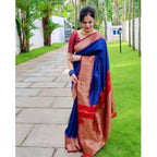 Generic Women's Soft Lichi Silk Solid Saree With Unstitched Blouse 5.5Mtr (Blue)