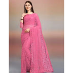 Generic Women's Net Self Design Saree With Unstitched Blouse 5.5Mtr (Dark Pink)