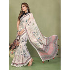 Generic Women's Linen Cotton Printed Saree With Unstitched Blouse 5.5Mtr (Off White)
