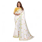 Generic Women's Linen Cotton Printed Saree With Unstitched Blouse 5.5Mtr (White)