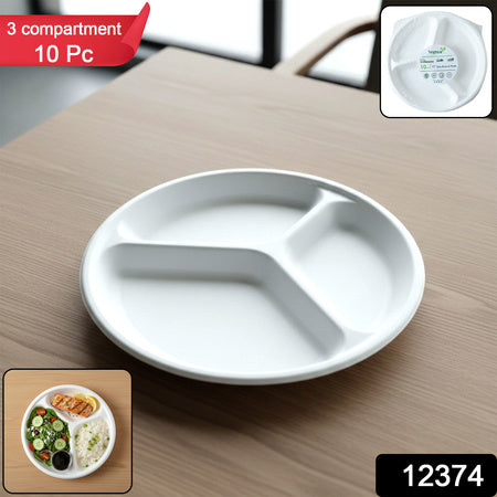 Disposable Round 3 Compartment Meal Plate (Pack Of 10 Pc)