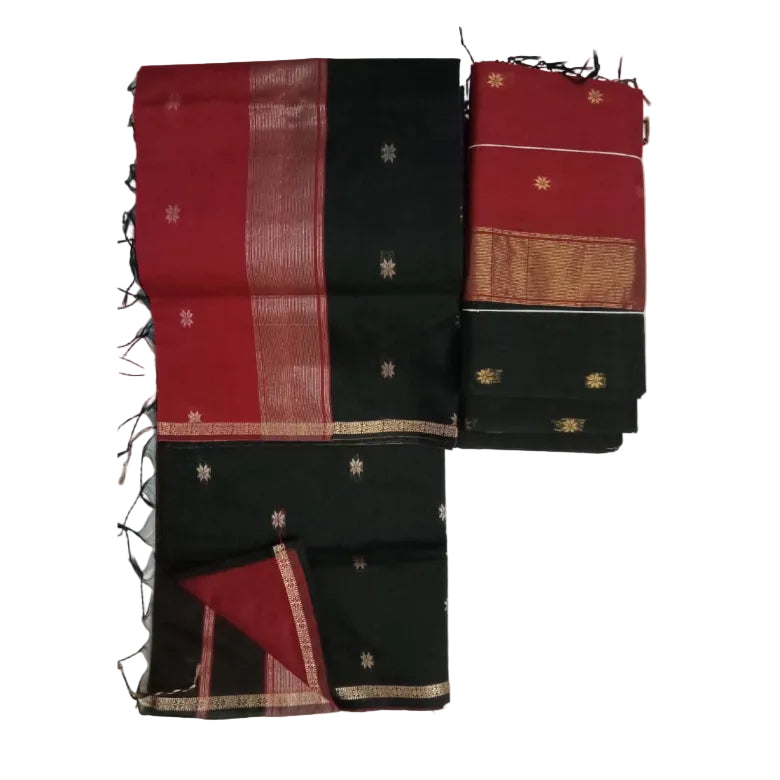 Black body Maroon blouse & pallu Maheshwari  Cotton Sarees
