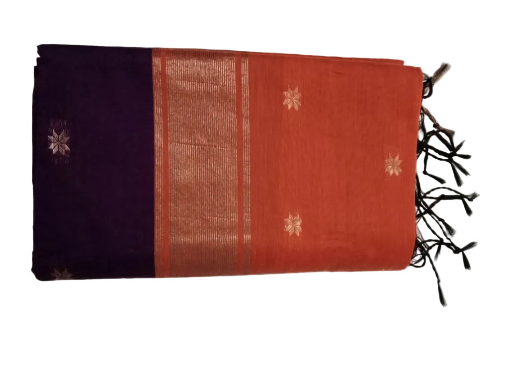 Violet body Orange pallu & blouse Maheshwari Cotton Sarees