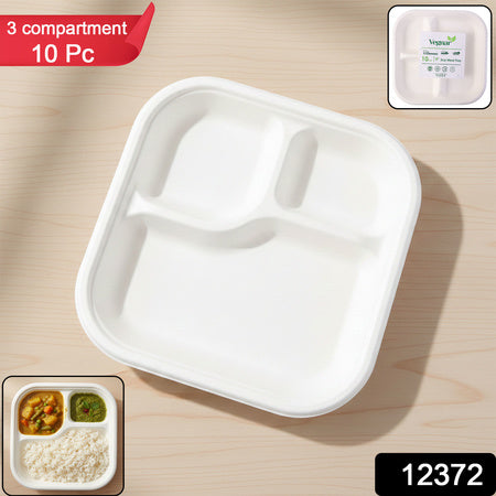Vegnar Square 3 Compartment Disposable Meal Tray Set (10 Pc)