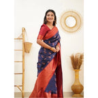 Generic Women's Litchi silk Printed Saree With Unstitched Blouse (Blue)