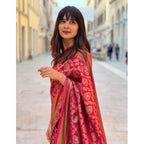 Generic Women's Litchi silk Printed Saree With Unstitched Blouse (Red)