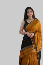 Mustard yellow body Black pallu and blouse Maheshwari  Cotton Sarees