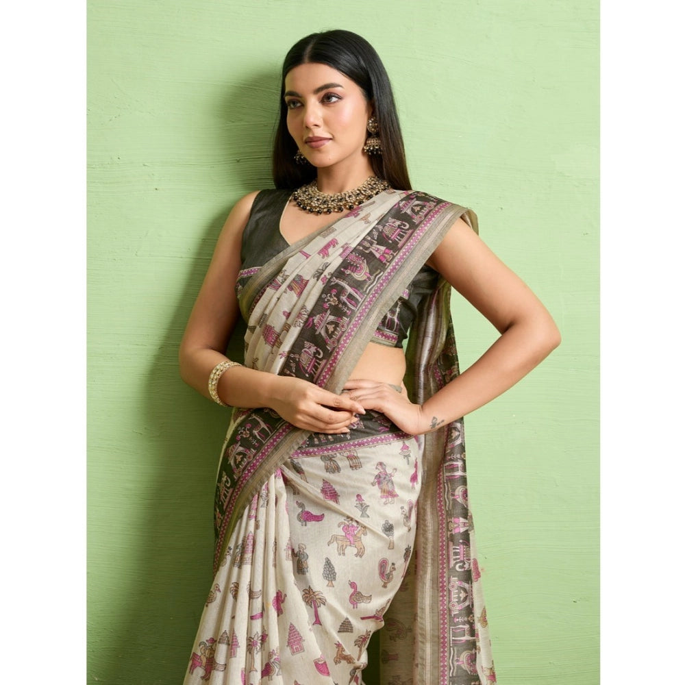 Generic Women's Silk Blend Printed Saree With Unstitched Blouse 5.5Mtr (Off White)