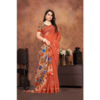 Generic Women's Linen Printed Saree With Unstitched Blouse 5.5Mtr (Red)