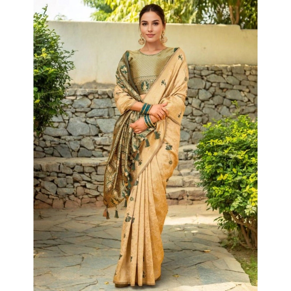 Generic Women's Silk Blend Woven Paithani Saree With Unstitched Blouse 5.5Mtr (Cream)