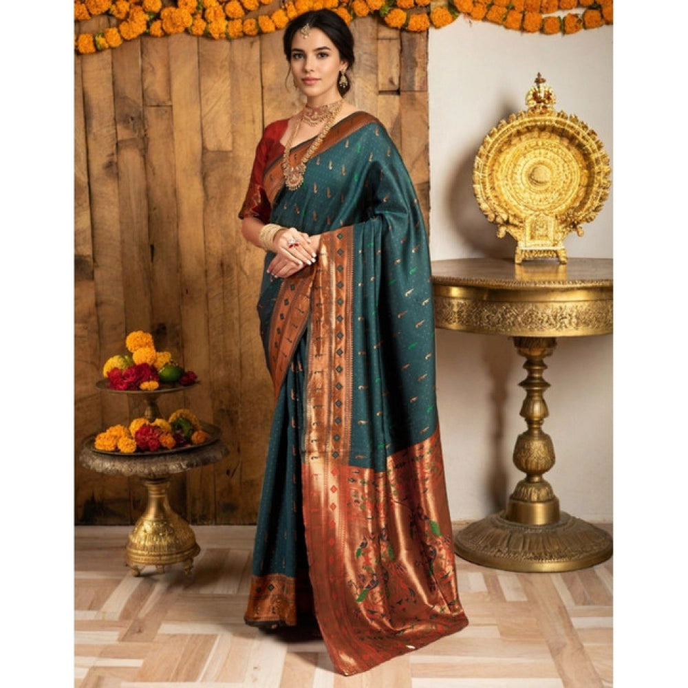 Generic Women's Silk Blend Zari Woven Saree With Unstitched Blouse 5.5Mtr (Green)