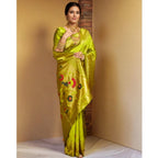 Generic Women's Silk Blend Paithani Saree With Unstitched Blouse 5.5Mtr (Lime Green)