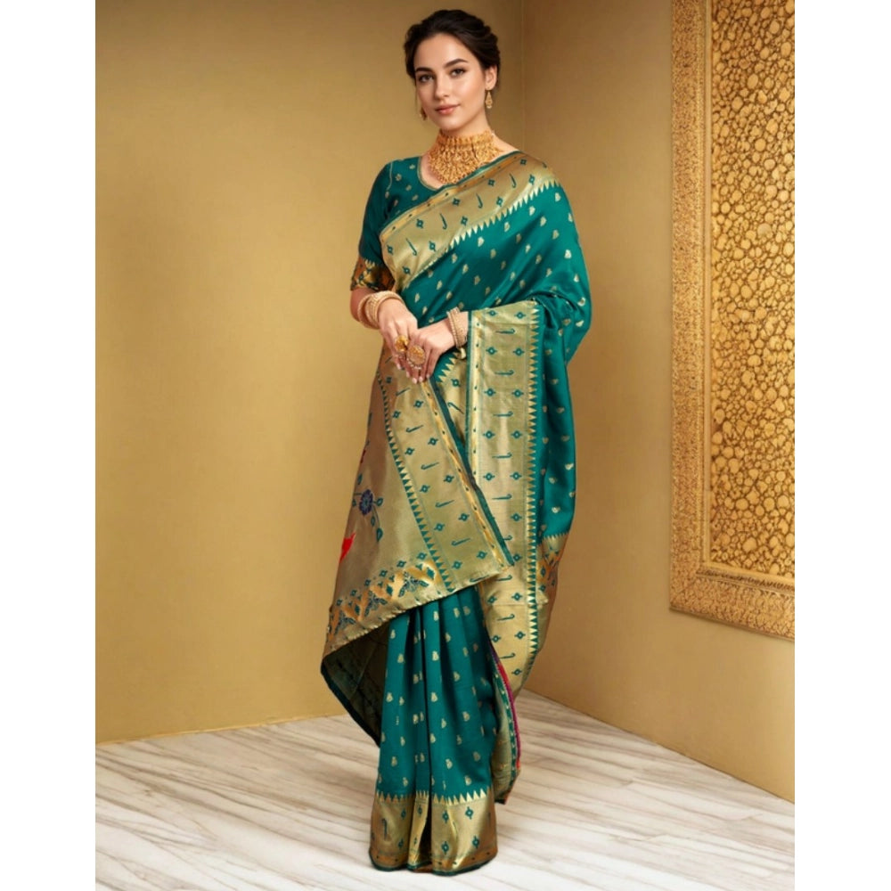 Generic Women's Silk Blend Zari Weaving Saree With Unstitched Blouse 5.5Mtr (Rama)