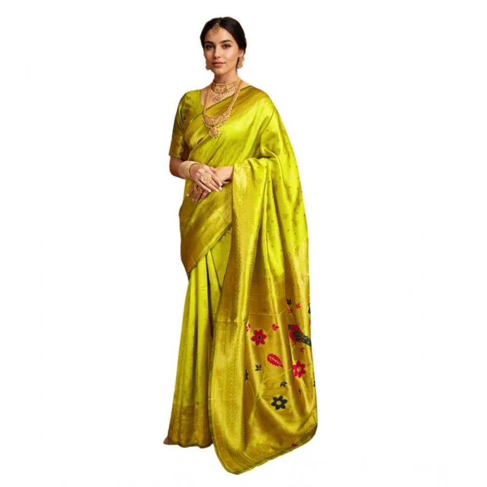 Generic Women's Silk Blend Zari Weaving Saree With Unstitched Blouse 5.5Mtr (Lime-Green)