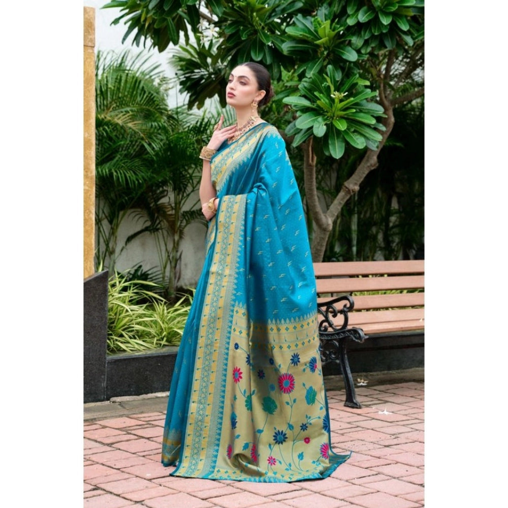Generic Women's Silk Blend Paithani Weaving Saree With Unstitched Blouse 5.5Mtr (Aqua)