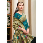 Generic Women's Silk Blend Paithani Weaving Saree With Unstitched Blouse 5.5Mtr (Rama)