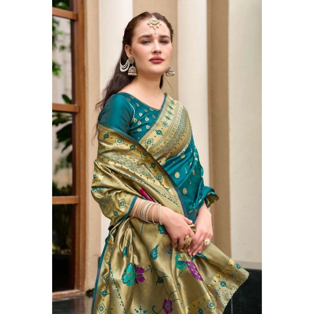 Generic Women's Silk Blend Paithani Weaving Saree With Unstitched Blouse 5.5Mtr (Rama)