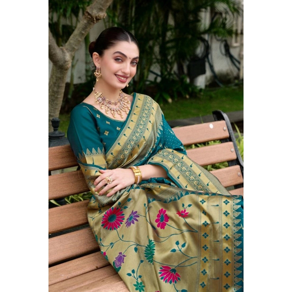 Generic Women's Silk Blend Paithani Weaving Saree With Unstitched Blouse 5.5Mtr (Teal)
