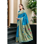 Generic Women's Silk Blend Paithani Weaving Saree With Unstitched Blouse 5.5Mtr (Turquoise)