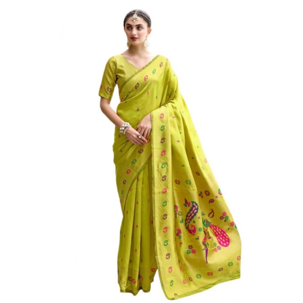 Generic Women's Silk Blend Paithani Weaving Saree With Unstitched Blouse 5.5Mtr (Lime-Green)