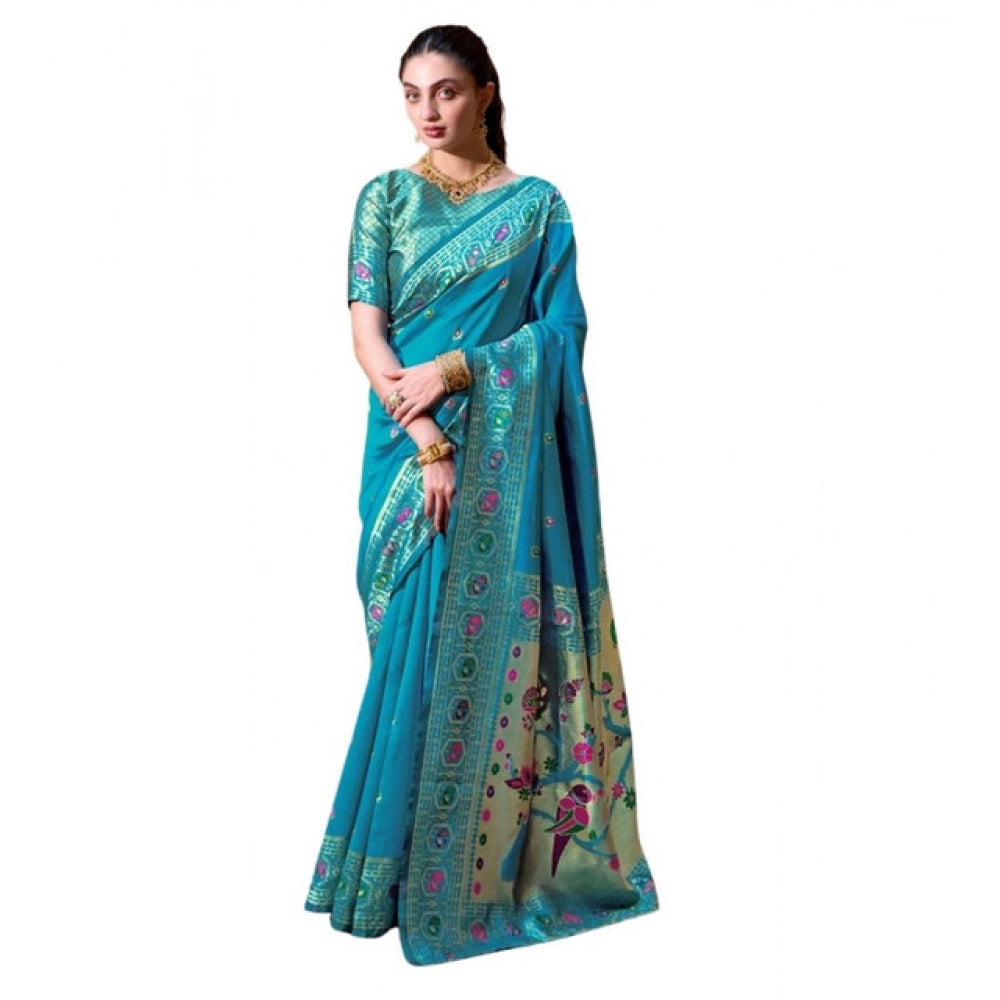 Generic Women's Silk Blend Paithani Weaving Saree With Unstitched Blouse 5.5Mtr (Rama)