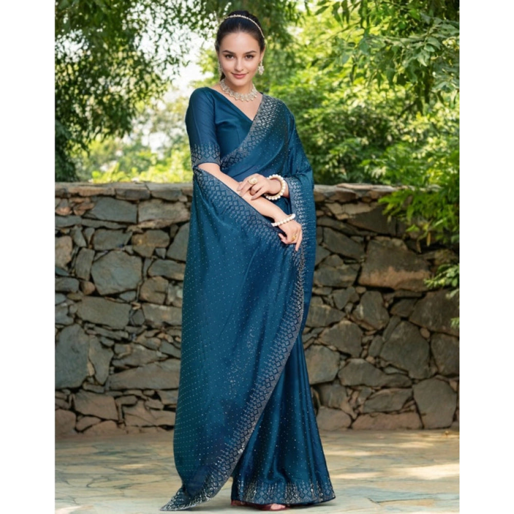 Generic Women's Rangoli Diamond Weaving - Stone Work Saree With Unstitched Blouse 5.5Mtr (Teal)
