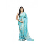 Generic Women's Soft Lichi Silk Printed Saree With Unstitched Blouse 5.5Mtr (Sky-Blue)