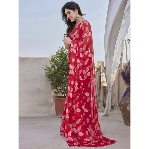 Generic Women's Chiffon Printed Saree With Unstitched Blouse 5.5Mtr (Red)