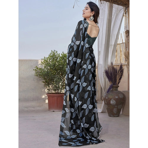 Generic Women's Chiffon Printed Saree With Unstitched Blouse 5.5Mtr (Black)