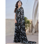 Generic Women's Chiffon Printed Saree With Unstitched Blouse 5.5Mtr (Black)