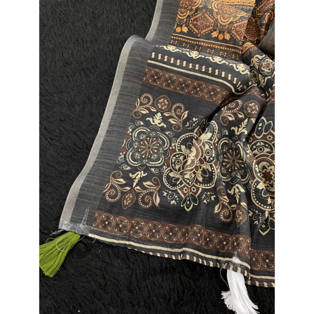 Generic Women's Linen Cotton  Printed Saree With Unstitched Blouse 5.5Mtr (Beige)